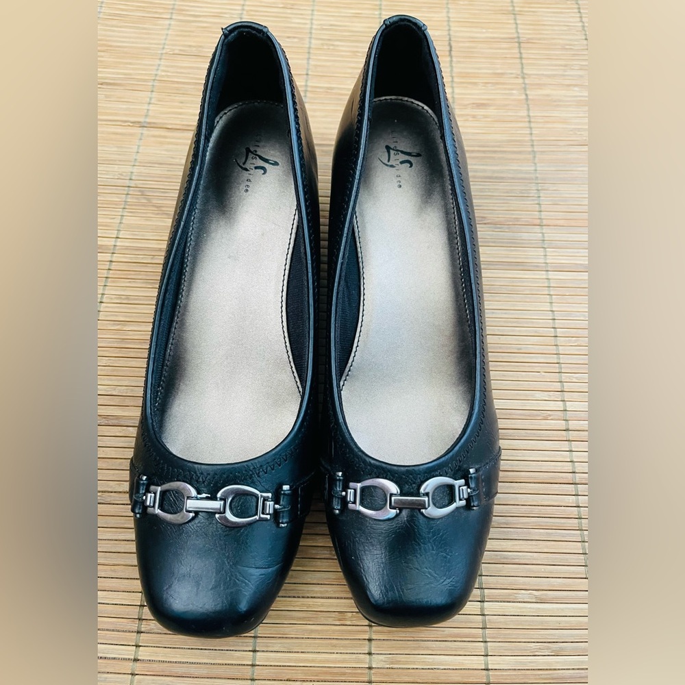 Lifestride Black Leather Wedge Pumps with Silver Accent